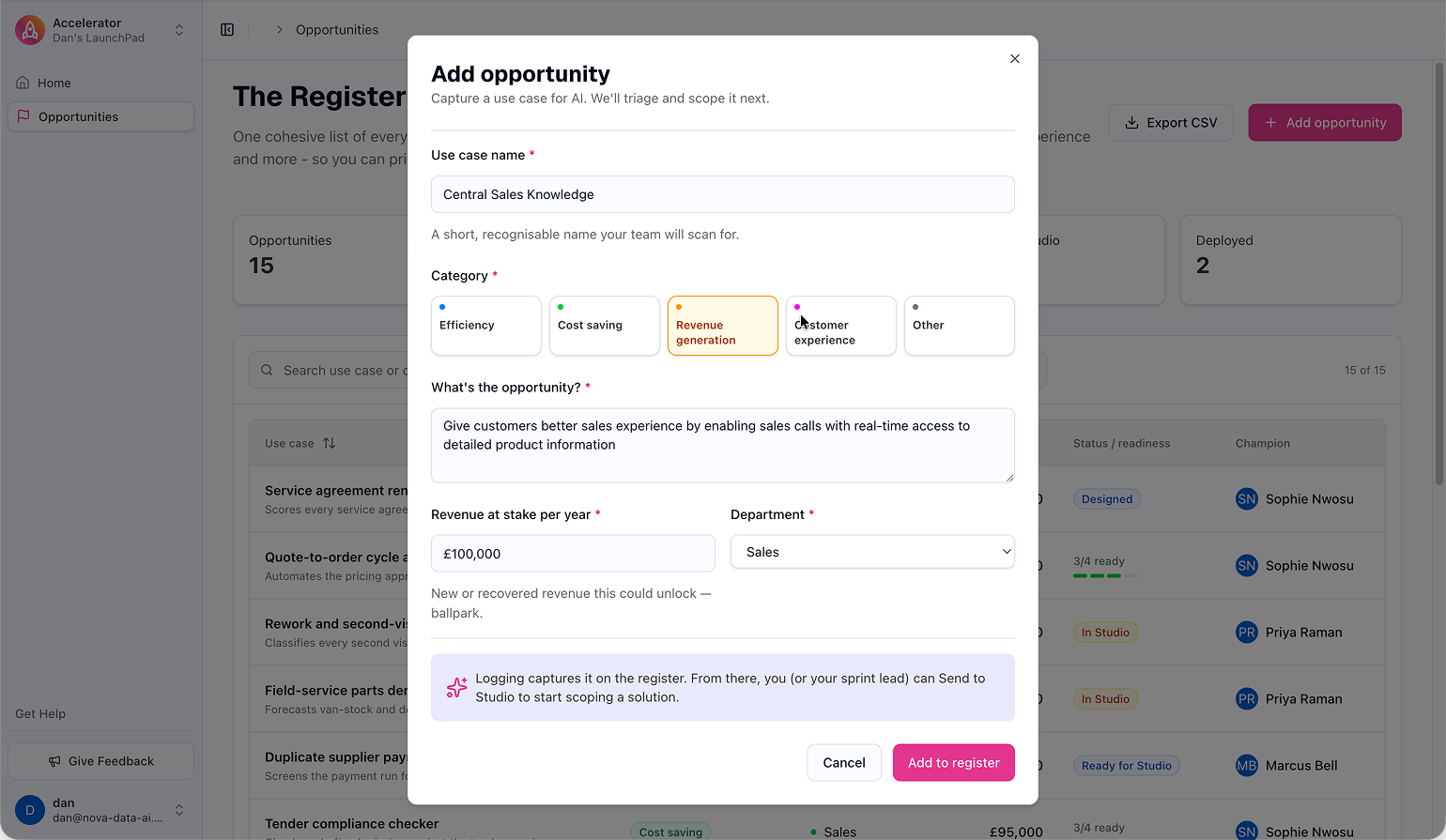 Accelerator solution showing an opportunity being logged with benefits tracked in the background.